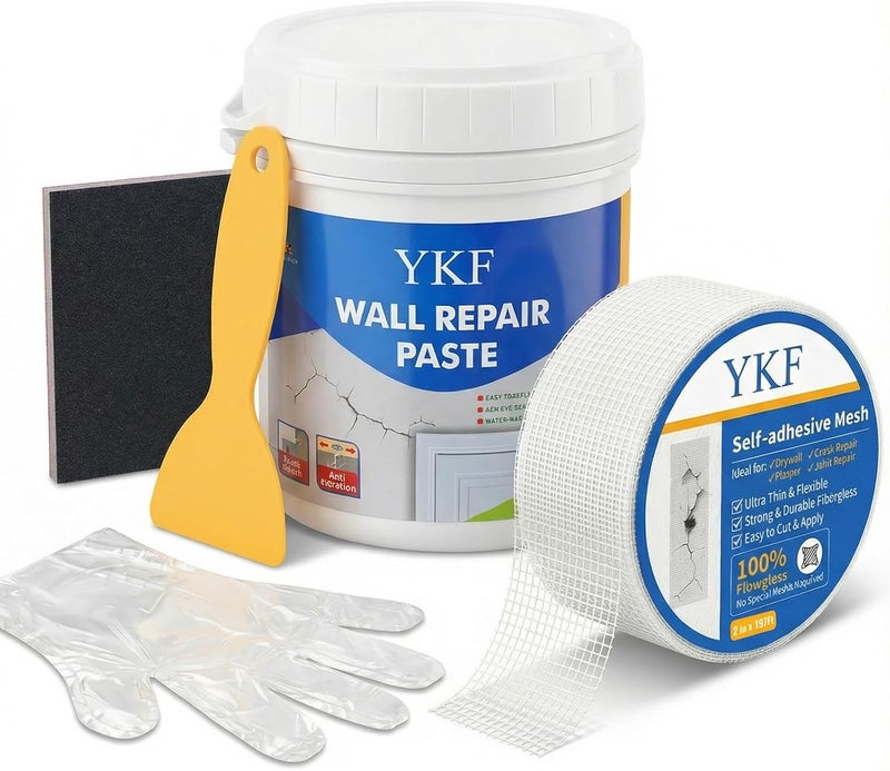 YKF Drywall Repair Kit (18 oz) - Spackle Wall Repair Paste with Scraper & Self-Adhesive Mesh - Quick Dry, Waterproof Wall Mending Agent for Holes, Cracks, Nail Holes, Dents, Graffiti (White) - Image 1